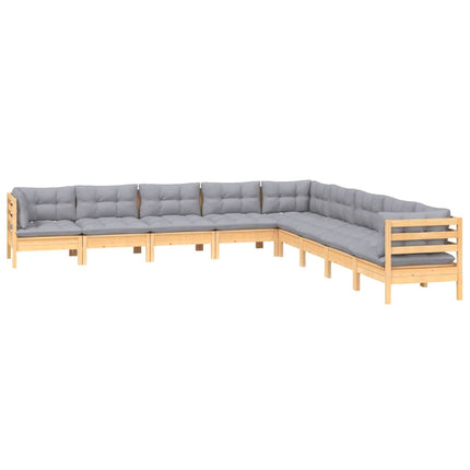 Loungegrupp med grå dynor 9 delar massiv furu