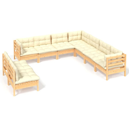 Loungegrupp med gräddvita dynor 9 delar massiv furu