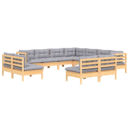 Loungegrupp med grå dynor 11 delar massiv furu