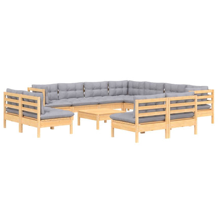 Loungegrupp med grå dynor 12 delar massiv furu