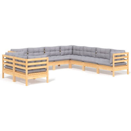 Loungegrupp med grå dynor 9 delar massiv furu