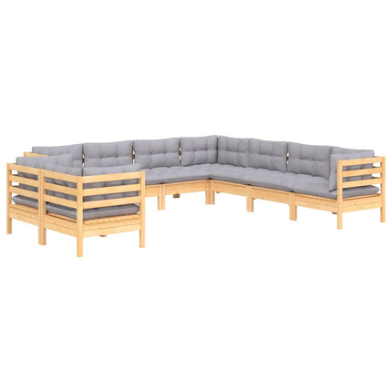 Loungegrupp med grå dynor 9 delar massiv furu