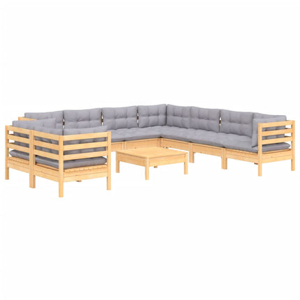 Loungegrupp med grå dynor 10 delar massiv furu