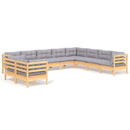 Loungegrupp med grå dynor 10 delar massiv furu