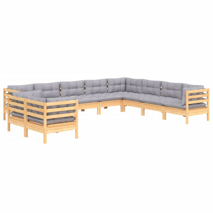 Loungegrupp med grå dynor 10 delar massiv furu