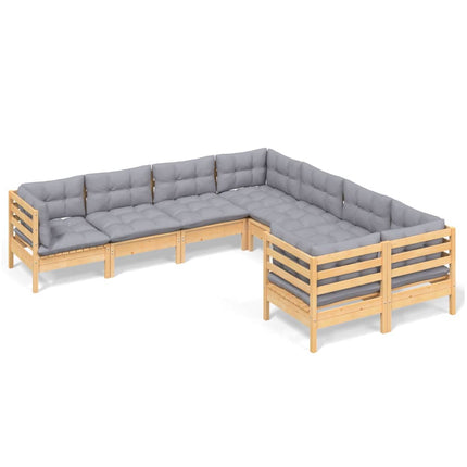 Loungegrupp med grå dynor 8 delar massiv furu