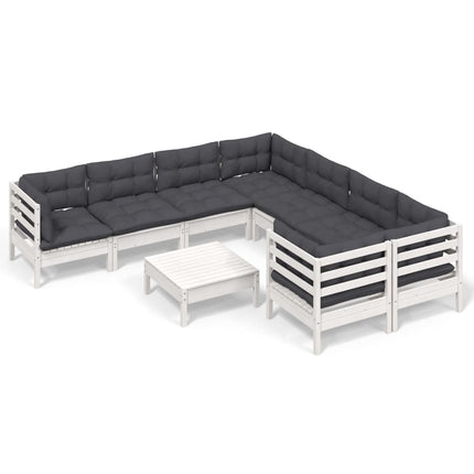 Loungegrupp med dynor 9 delar vit massiv furu