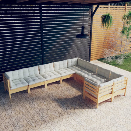 Loungegrupp med gräddvita dynor 9 delar massiv furu