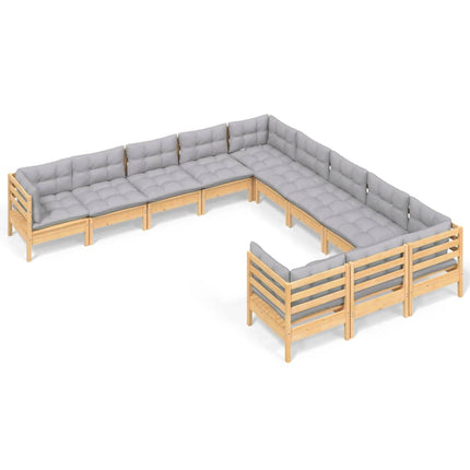 Loungegrupp med grå dynor 11 delar massiv furu