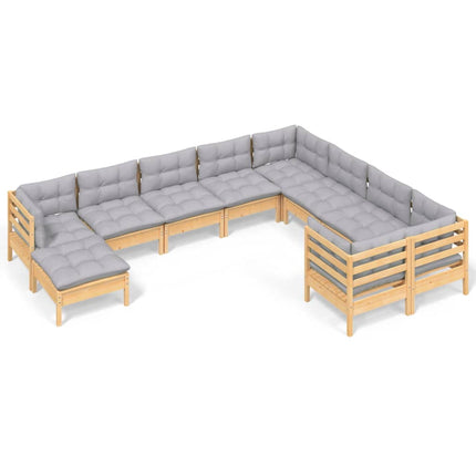 Loungegrupp med grå dynor 10 delar massiv furu