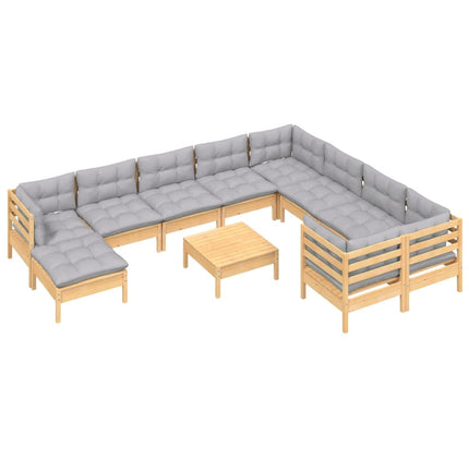 Loungegrupp med grå dynor 11 delar massiv furu