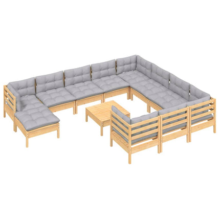 Loungegrupp med grå dynor 12 delar massiv furu