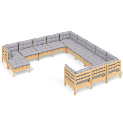 Loungegrupp med grå dynor 12 delar massiv furu
