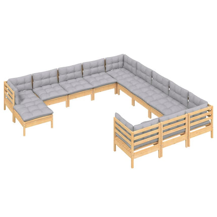 Loungegrupp med grå dynor 12 delar massiv furu