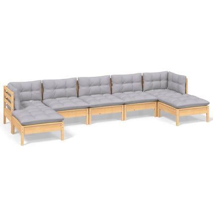 Loungegrupp med grå dynor 7 delar massiv furu