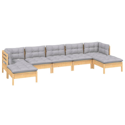 Loungegrupp med grå dynor 7 delar massiv furu