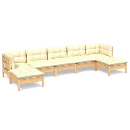 Loungegrupp med gräddvita dynor 7 delar massiv furu