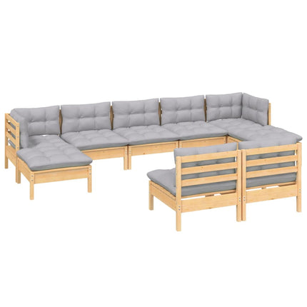 Loungegrupp med grå dynor 9 delar massiv furu