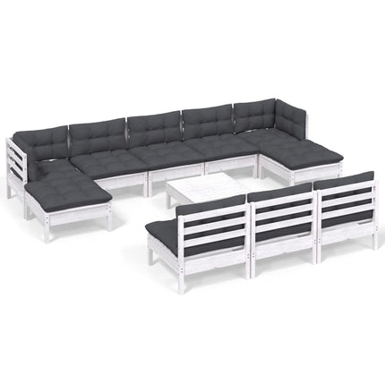 Loungegrupp med dynor 11 delar vit massiv furu