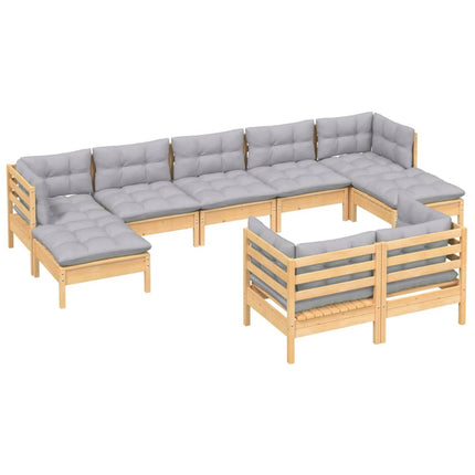 Loungegrupp med grå dynor 9 delar massiv furu