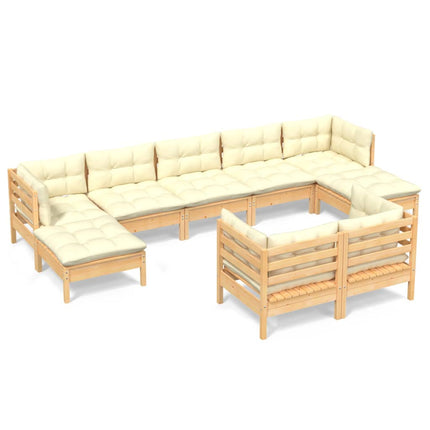 Loungegrupp med gräddvita dynor 9 delar massiv furu