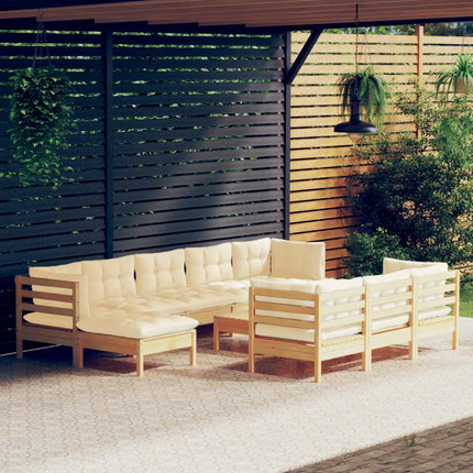 Loungegrupp med gräddvita dynor 11 delar massiv furu