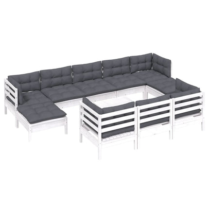 Loungegrupp med dynor 11 delar vit massiv furu