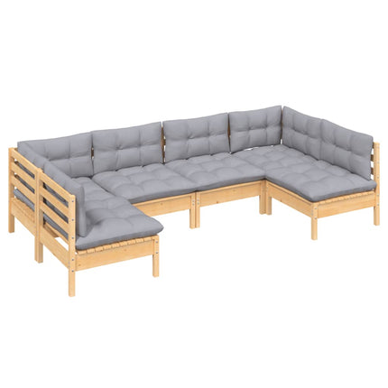 Loungegrupp med grå dynor 6 delar massiv furu