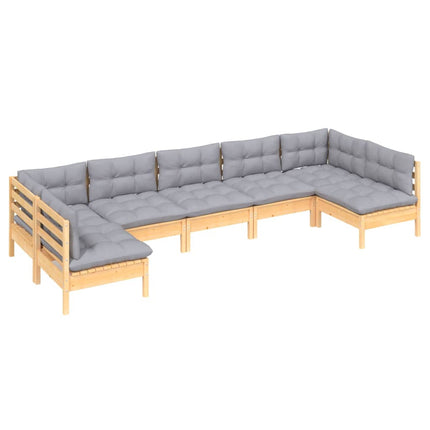 Loungegrupp med grå dynor 7 delar massiv furu