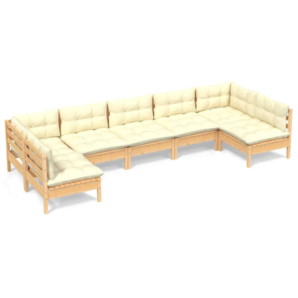 Loungegrupp med gräddvita dynor 7 delar massiv furu
