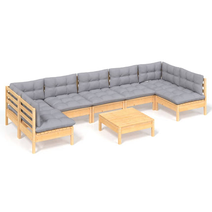 Loungegrupp med grå dynor 8 delar massiv furu
