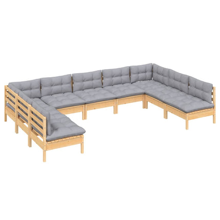Loungegrupp med grå dynor 9 delar massiv furu