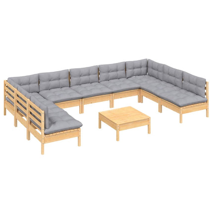 Loungegrupp med grå dynor 10 delar massiv furu