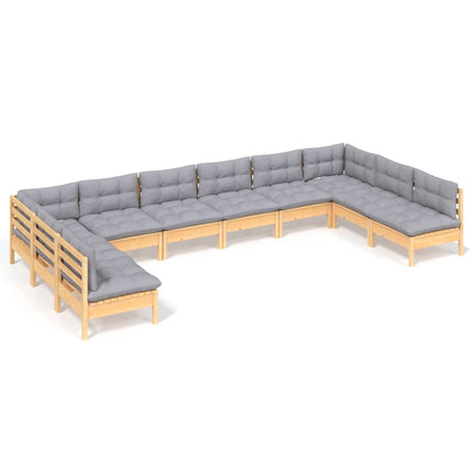 Loungegrupp med grå dynor 10 delar massiv furu