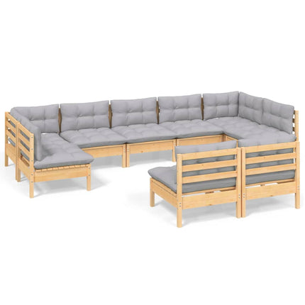 Loungegrupp med grå dynor 9 delar massiv furu