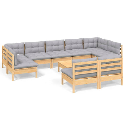 Loungegrupp med grå dynor 10 delar massiv furu