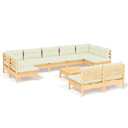 Loungegrupp med gräddvita dynor 10 delar massiv furu