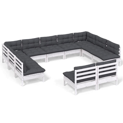Loungegrupp med dynor 11 delar vit massiv furu