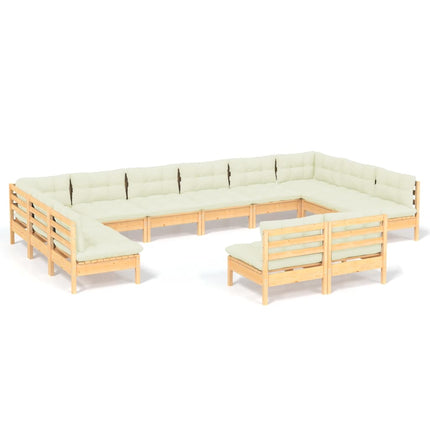 Loungegrupp med gräddvita dynor 12 delar massiv furu
