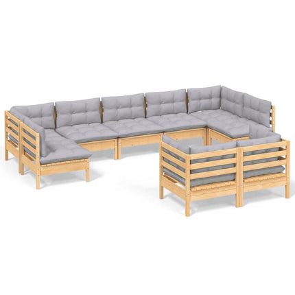 Loungegrupp med grå dynor 9 delar massiv furu
