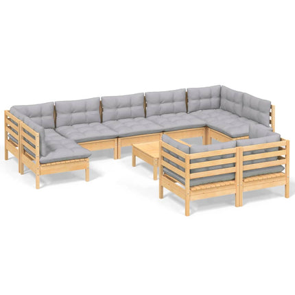 Loungegrupp med grå dynor 10 delar massiv furu