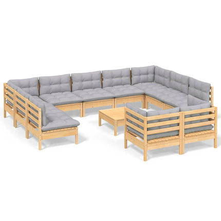 Loungegrupp med grå dynor 12 delar massiv furu