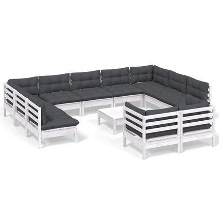 Loungegrupp med dynor 12 delar vit massiv furu