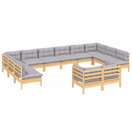 Loungegrupp med grå dynor 12 delar massiv furu