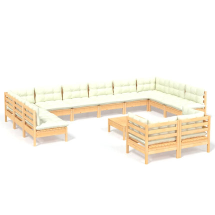 Loungegrupp med gräddvita dynor 13 delar massiv furu