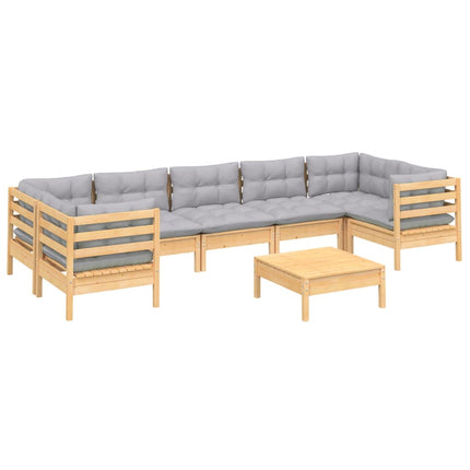 Loungegrupp med grå dynor 8 delar massiv furu