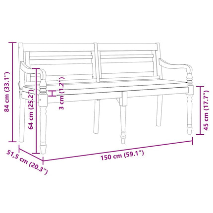 Bataviabänk med dyna 150 cm massiv teak