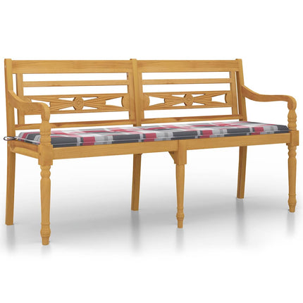 Bataviabänk med röda rutiga dyna 150 cm massiv teak