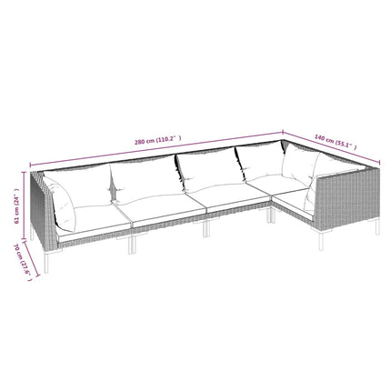 Loungeset för trädgården, 5 delar med dynor i konstrotting