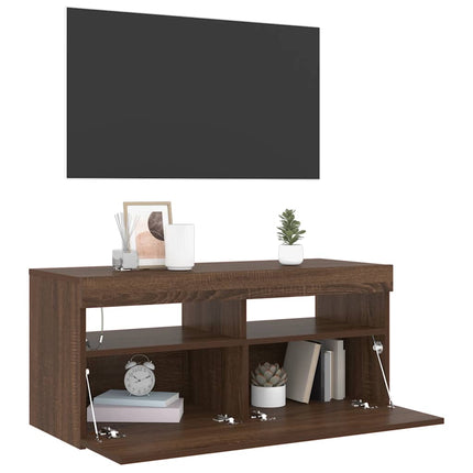 Tv-bänk med LED-belysning brun ek 90x35x40 cm